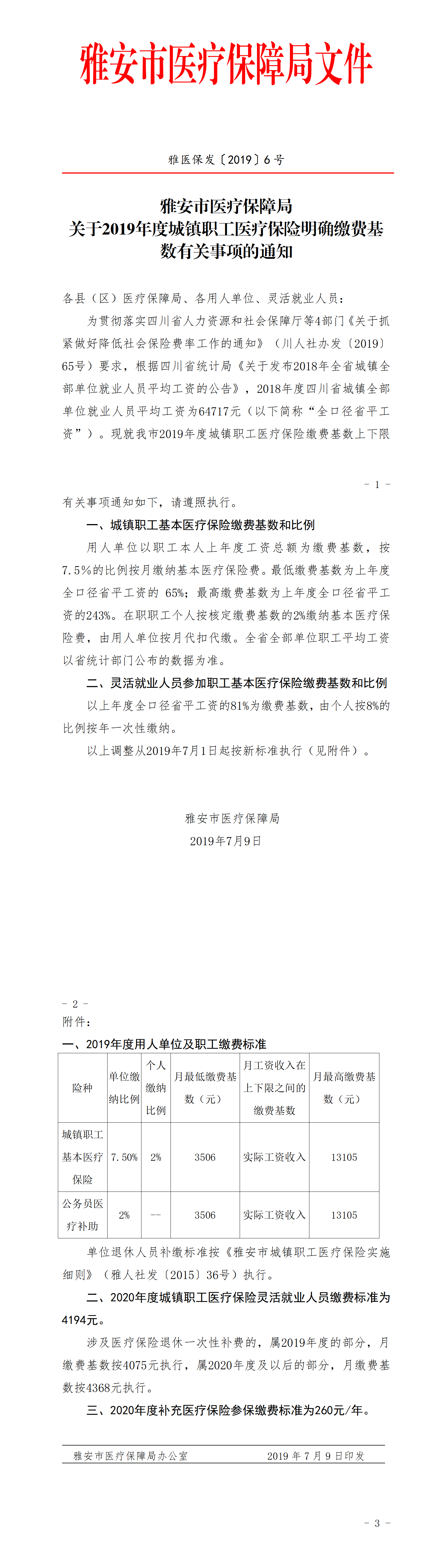 雅安市关于2019年07月年度调整的通知-五险一金新上下限基数-关于2019年度城镇职工医疗保险明确缴费基数有关事项的通知_01.png